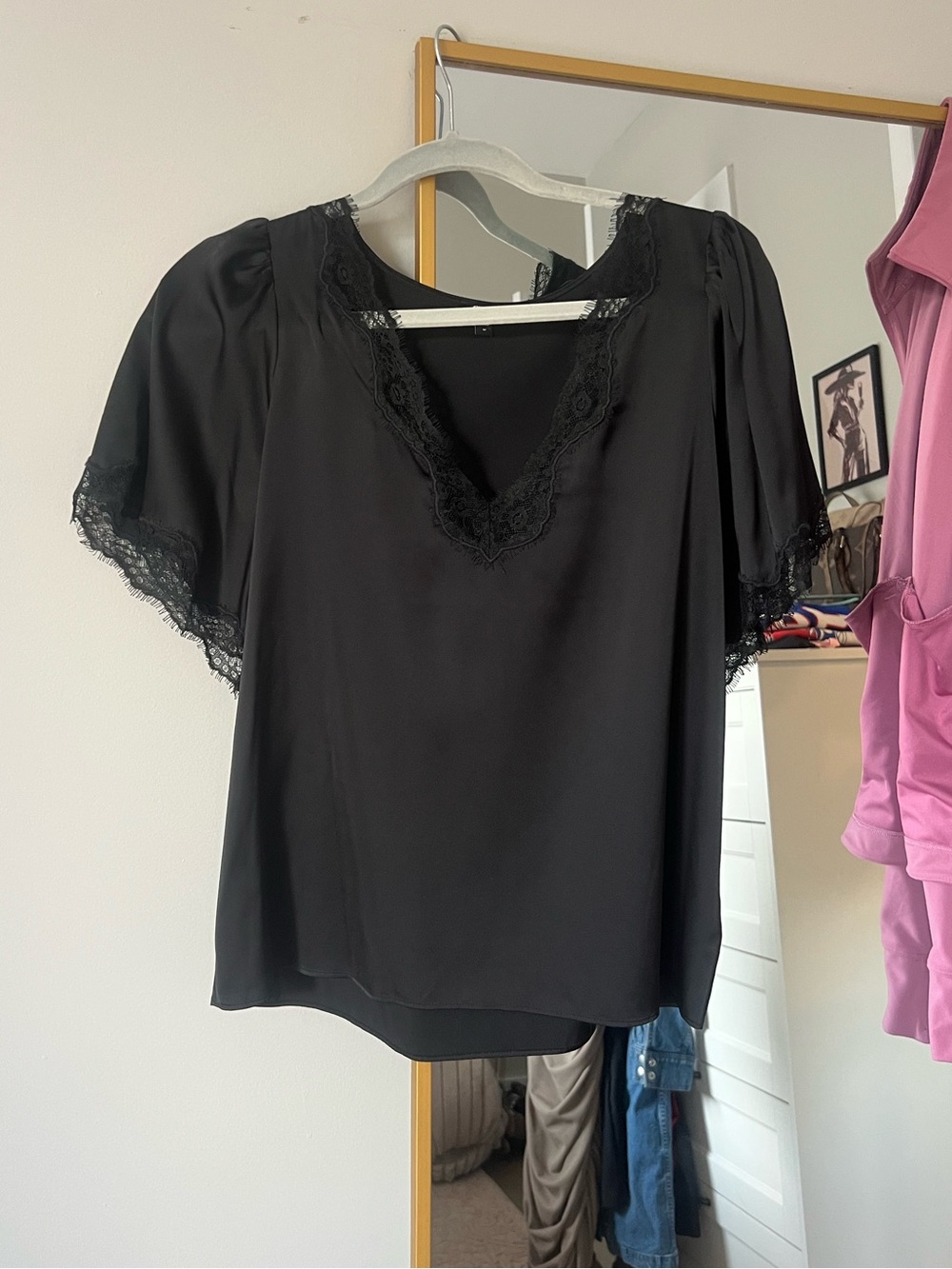 NWOT Black Lace Trim Flutter Sleeve Women's Top